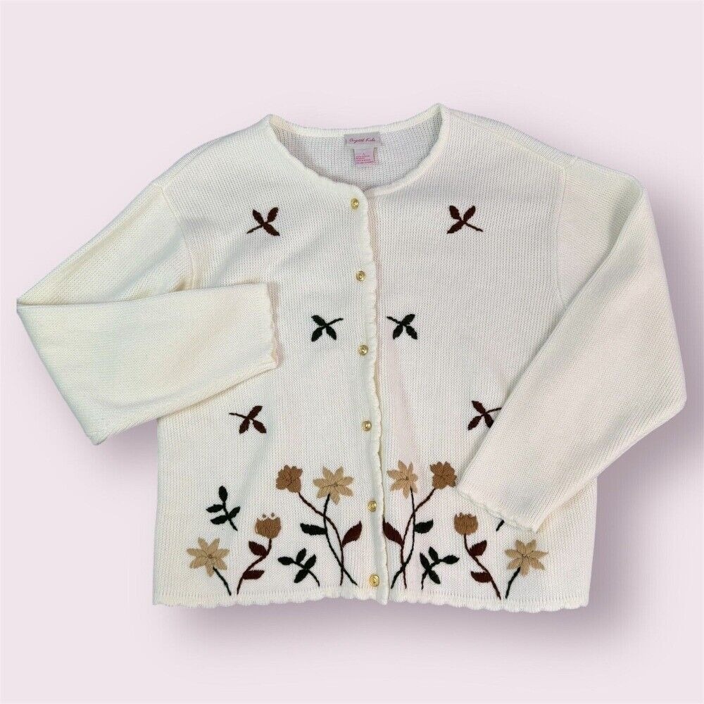 Vintage 90s Crystal Kobe Women L Ivory Cardigan Floral Embroidery Cottage Granny